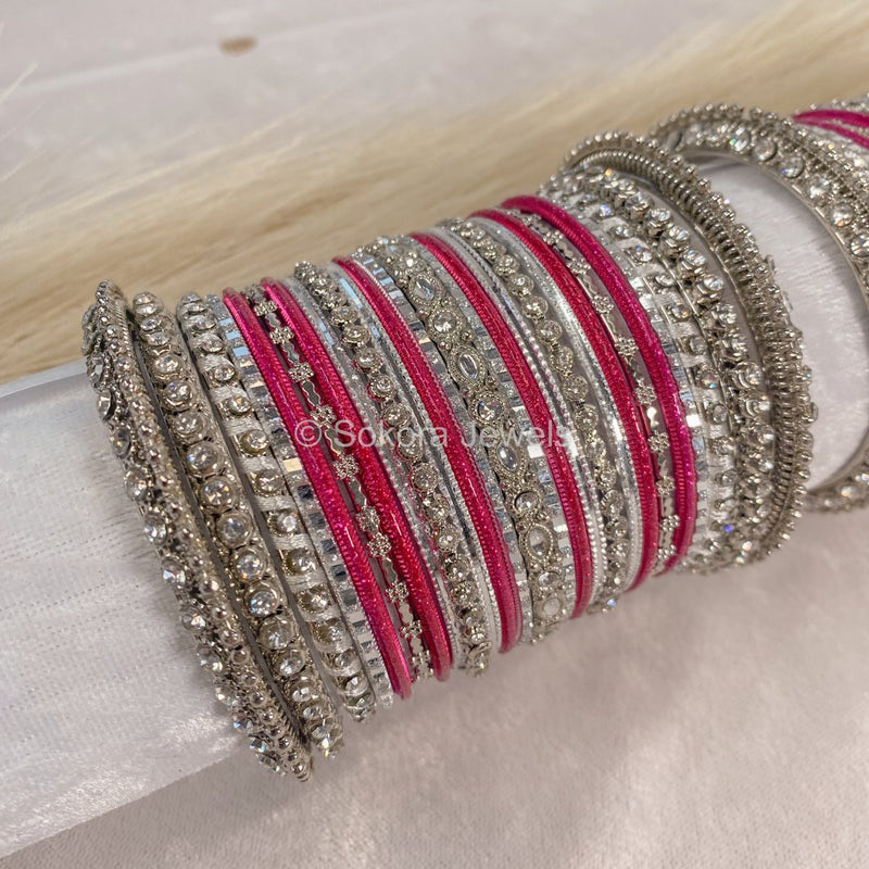 Simple Bangle Set - Silver & Hot Pink - SOKORA JEWELSSimple Bangle Set - Silver & Hot PinkBANGLES