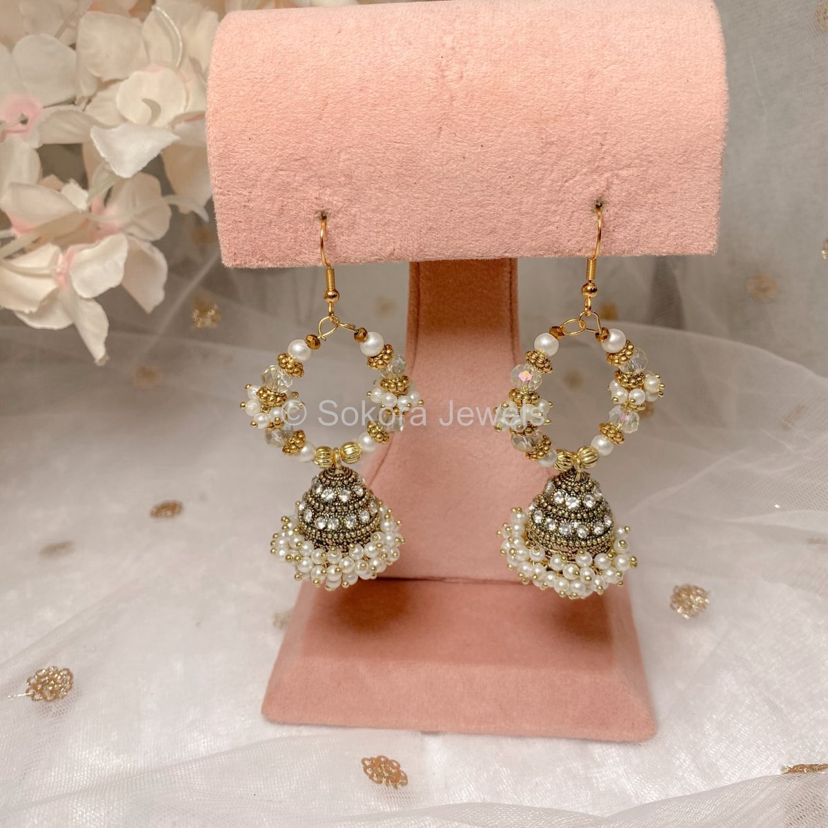 Stone and Pearl Studded Maroon and Golden Jhumka Earrings Jewelry 244JW29