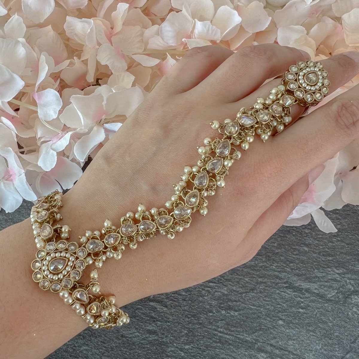 Statement Pearl Droplet Hand Harness - Champagne - SOKORA JEWELSStatement Pearl Droplet Hand Harness - Champagne