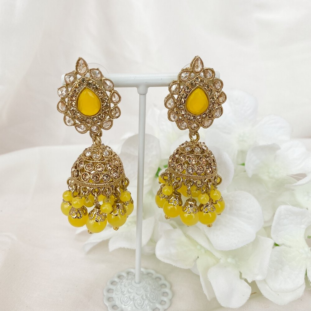 Swarna Small Jhumka Earrings - Yellow - SOKORA JEWELSSwarna Small Jhumka Earrings - Yellow