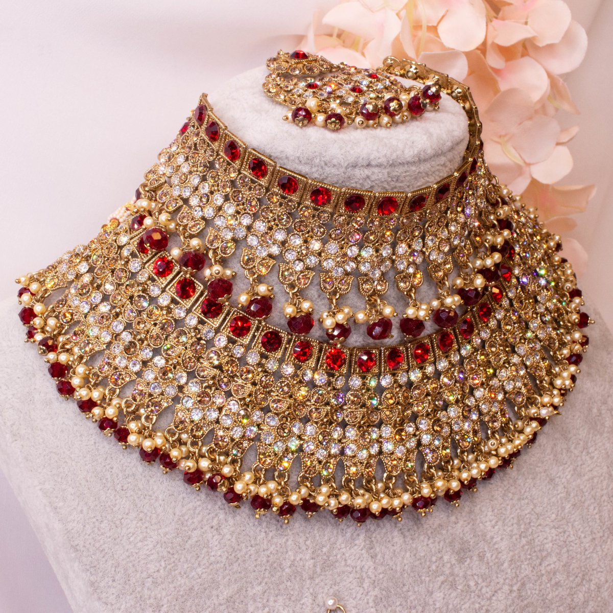 Tahera Bridal Double necklace set - Dark Red - SOKORA JEWELSTahera Bridal Double necklace set - Dark Red