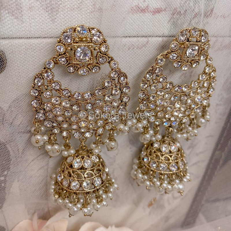 Tahera Large Jhumka Earrings - Clear Crystal - SOKORA JEWELSTahera Large Jhumka Earrings - Clear Crystal