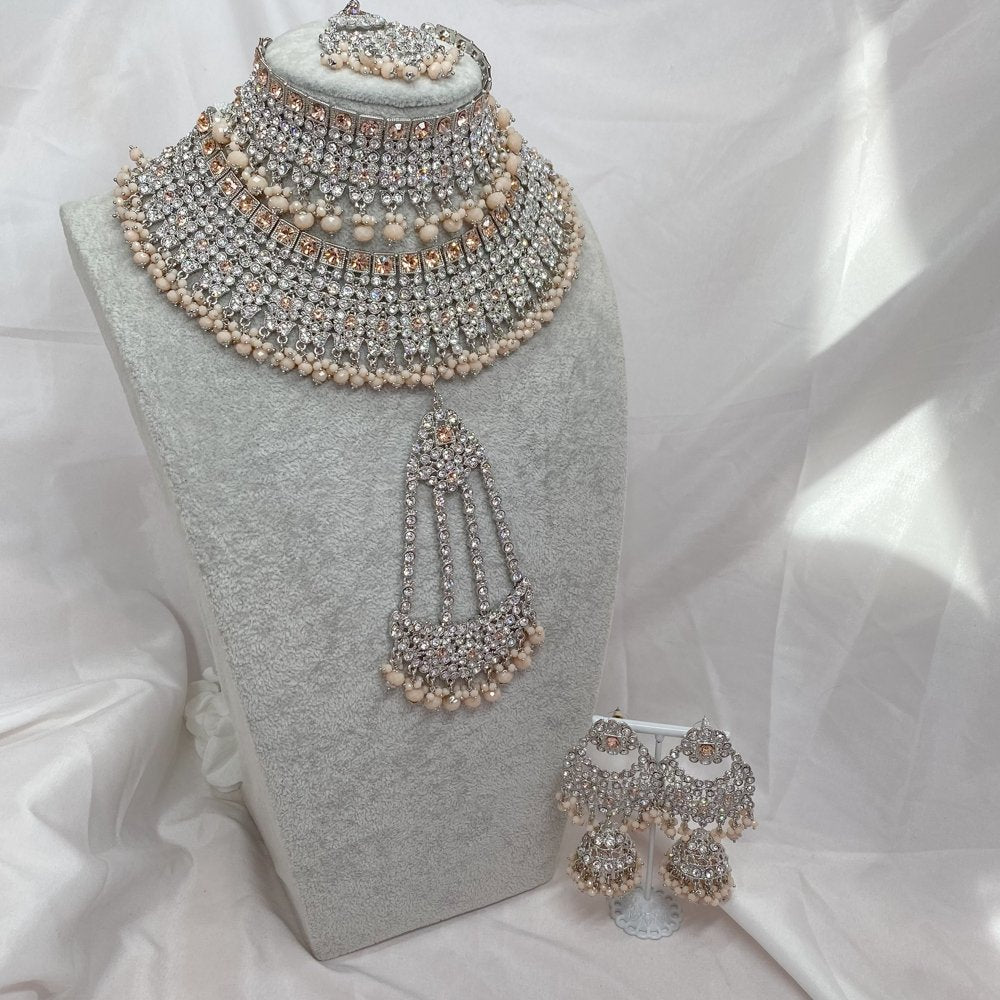 Tahera Silver Bridal Double necklace set - Peach - SOKORA JEWELSTahera Silver Bridal Double necklace set - Peach
