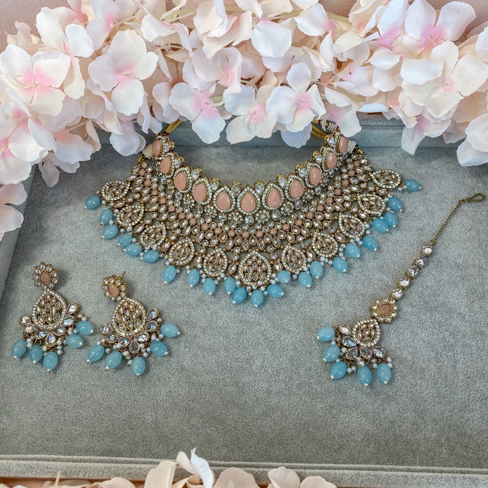 Tahia Bridal Double necklace set - Bright Blue/Peach - SOKORA JEWELSTahia Bridal Double necklace set - Bright Blue/Peach