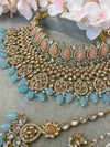Tahia Bridal Double necklace set - Bright Blue/Peach - SOKORA JEWELSTahia Bridal Double necklace set - Bright Blue/Peach