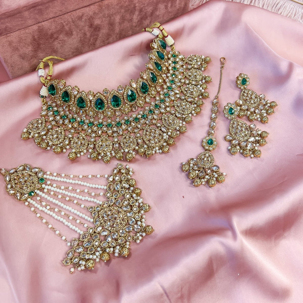 Tahia Bridal Double Necklace Set - Green Stones & Gold Beads
