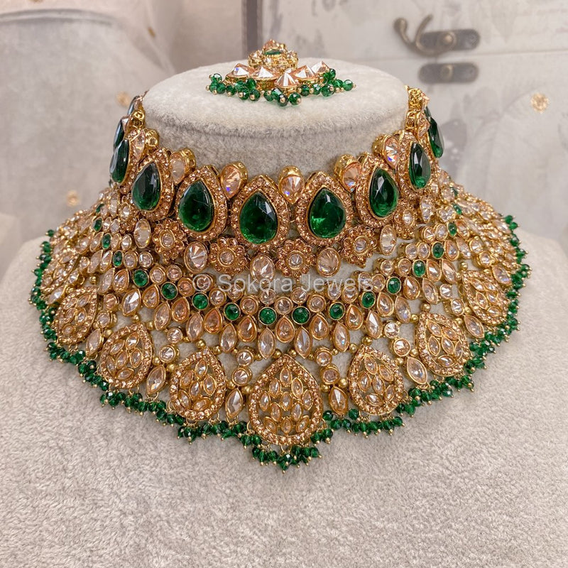 Tahia Bridal Double necklace set - Green - SOKORA JEWELSTahia Bridal Double necklace set - Green