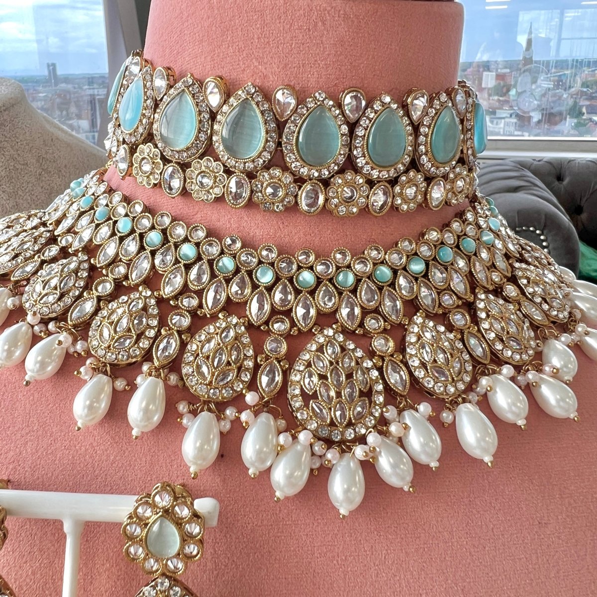 Tahia Bridal Double necklace set - Light Blue - SOKORA JEWELSTahia Bridal Double necklace set - Light Blue