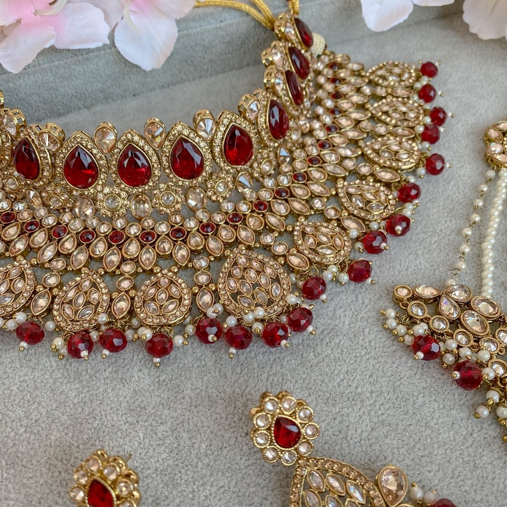 Tahia Bridal Double necklace set - Maroon - SOKORA JEWELSTahia Bridal Double necklace set - Maroon
