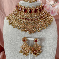 Tahia Bridal Double necklace set - Maroon/Gold ball - SOKORA JEWELSTahia Bridal Double necklace set - Maroon/Gold ball