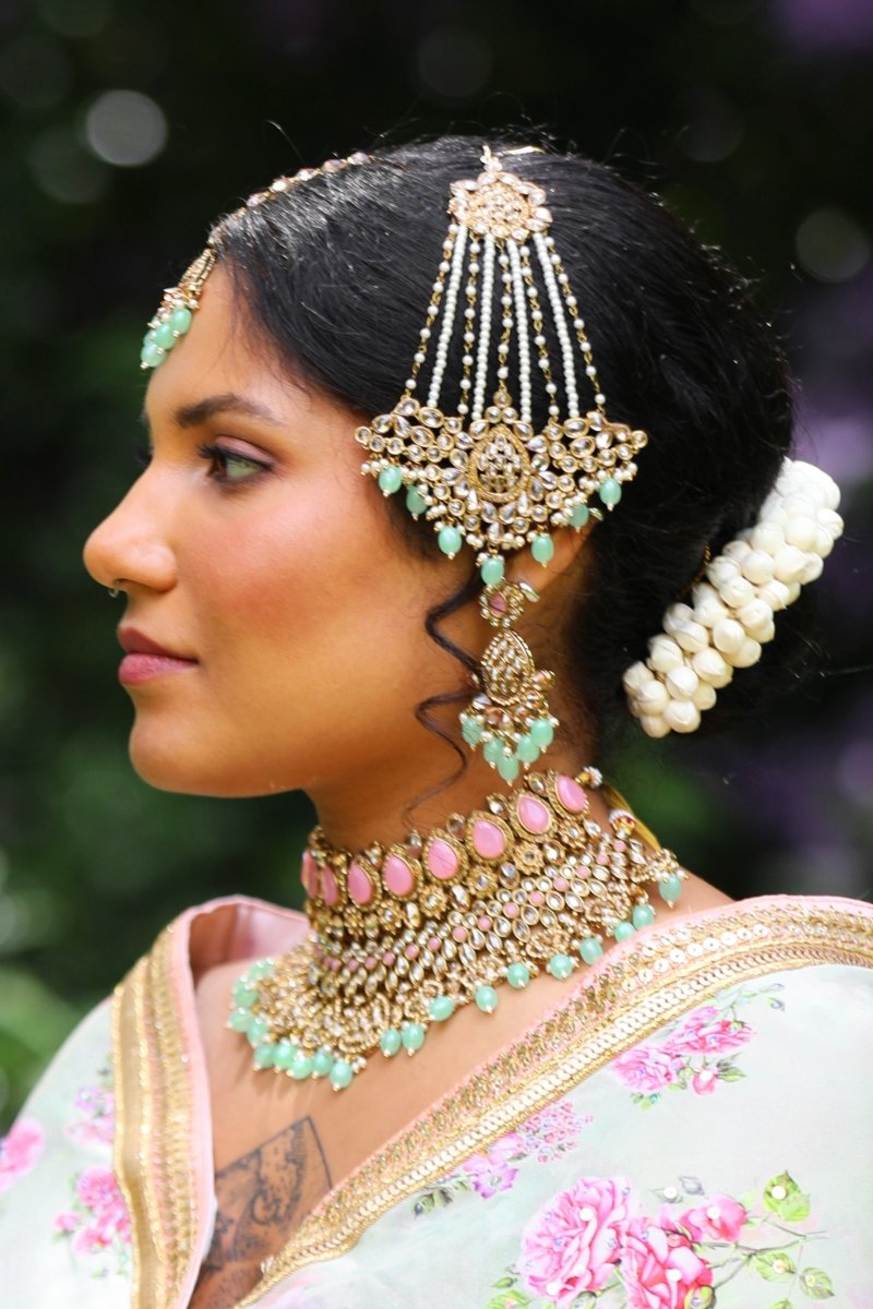 Tahia Bridal Double necklace set - Mint/Pink - SOKORA JEWELSTahia Bridal Double necklace set - Mint/Pink