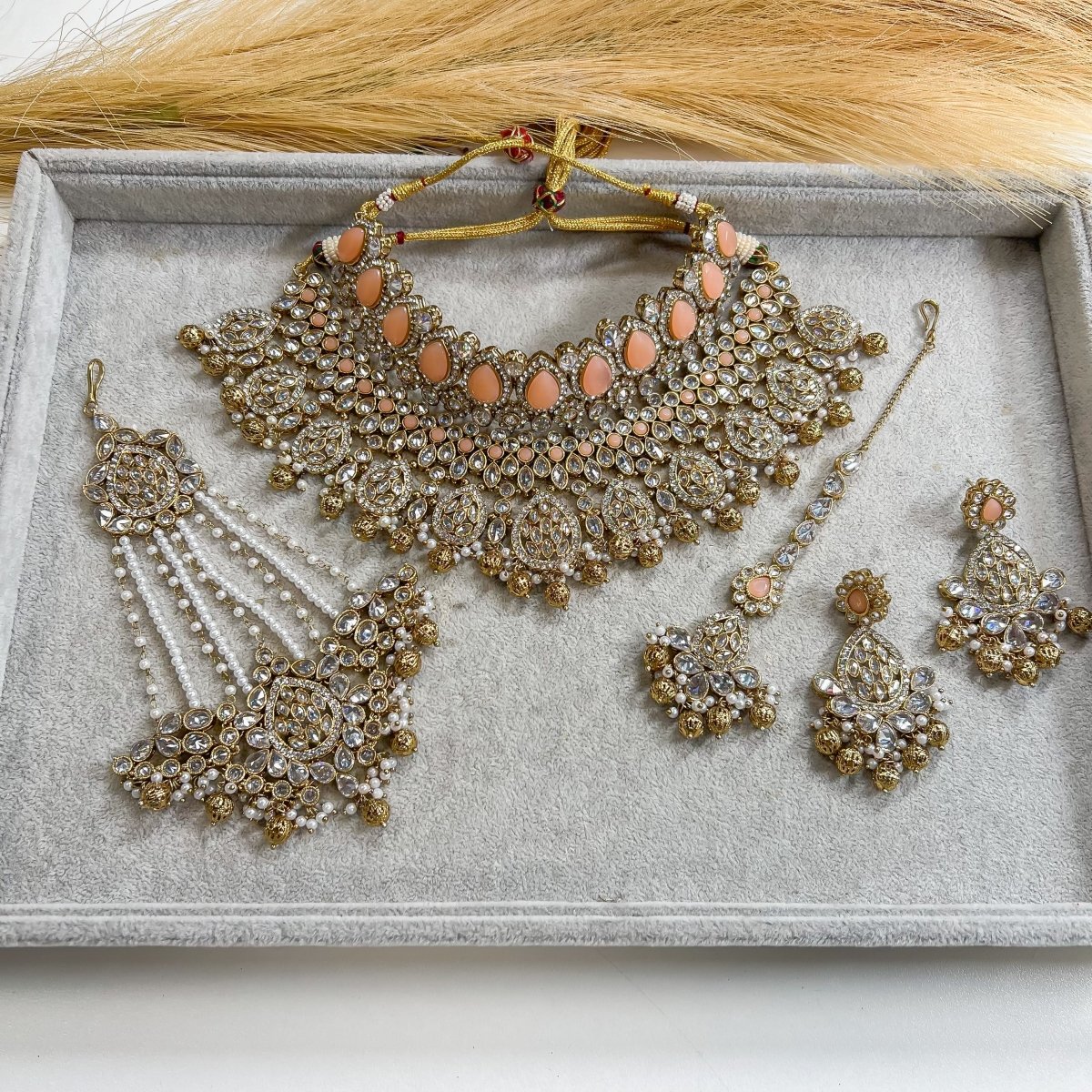 Tahia Bridal Double necklace set - Peach - SOKORA JEWELSTahia Bridal Double necklace set - Peach