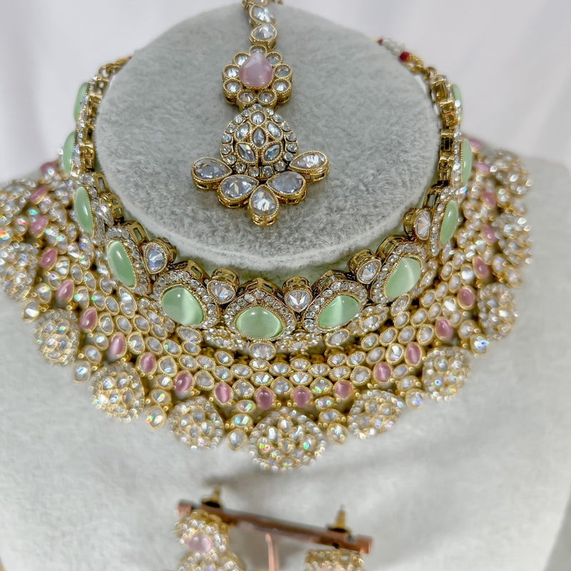 Tahia Bridal Double necklace set - Pink/Mint - SOKORA JEWELSTahia Bridal Double necklace set - Pink/Mint