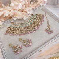 Tahia Bridal Necklace set - Mint/Pink - SOKORA JEWELSTahia Bridal Necklace set - Mint/Pink