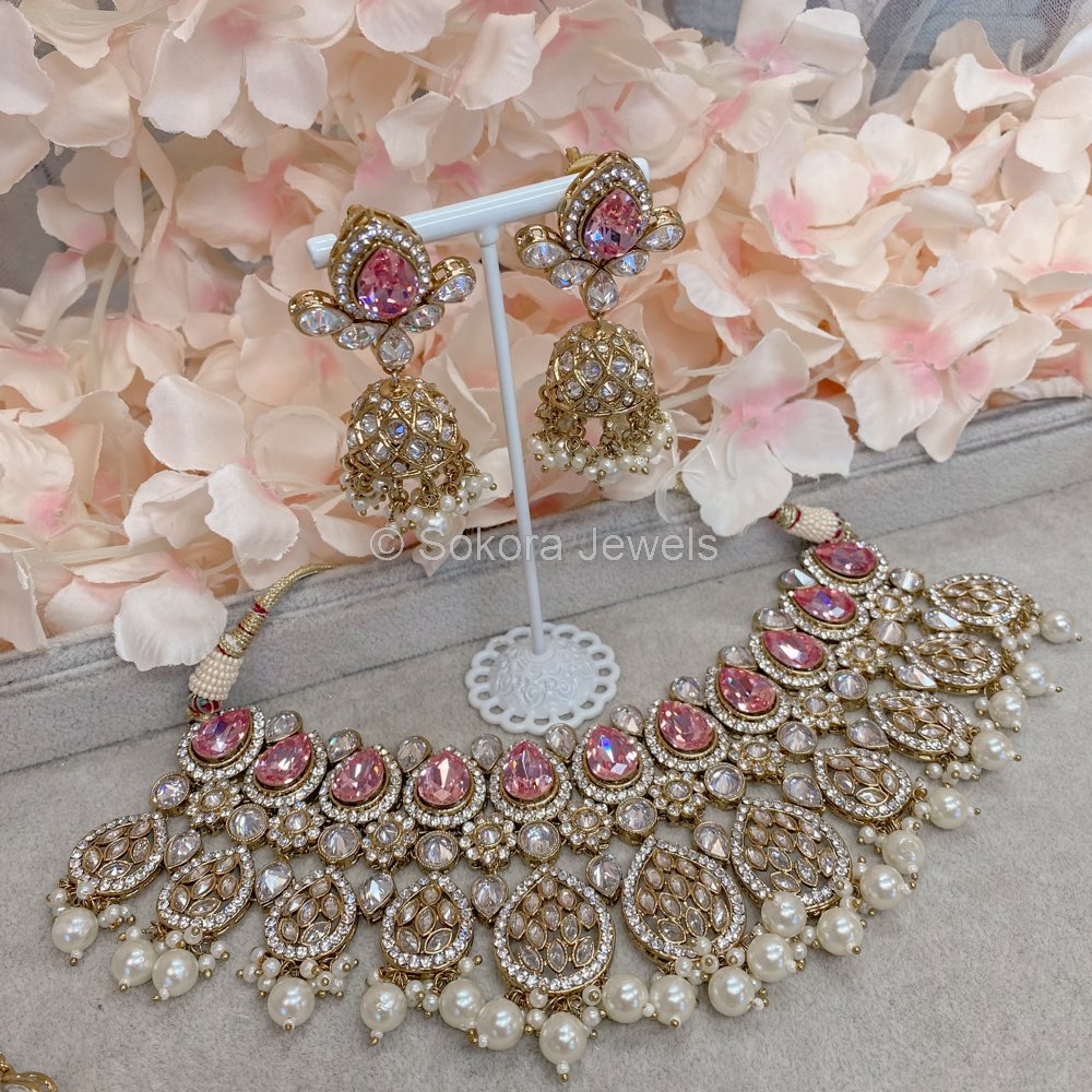 Tamannaah Bridal necklace set - Pink - SOKORA JEWELSTamannaah Bridal necklace set - Pink