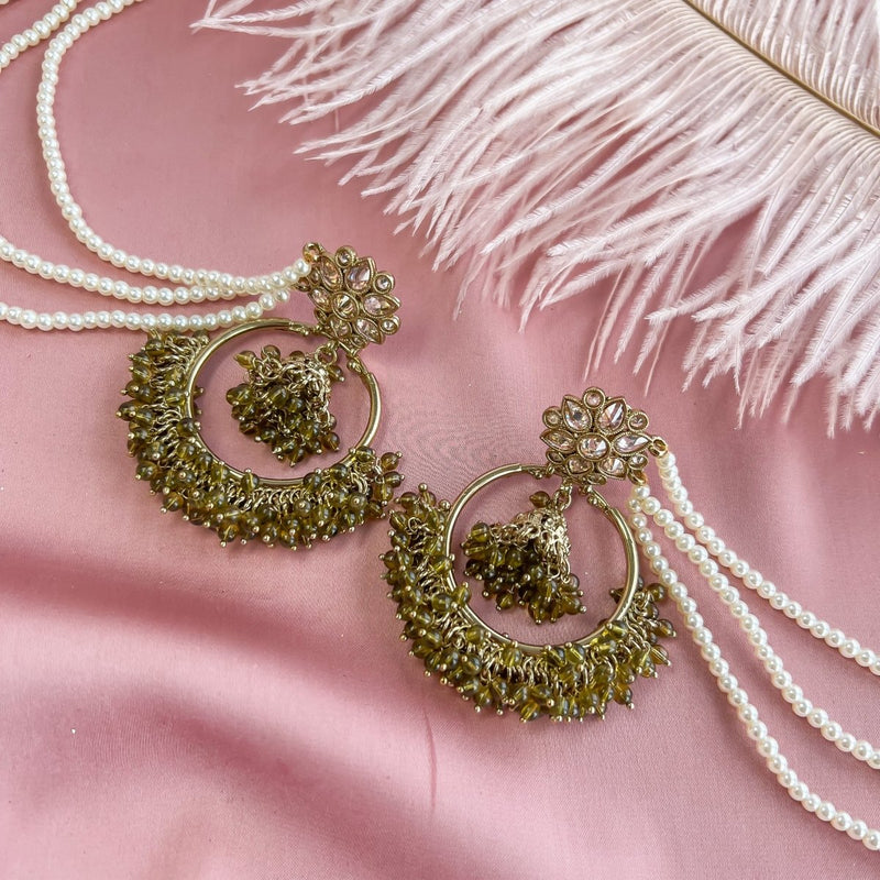 Uma Bali Earrings with Pearl chains - Khaaki Green - SOKORA JEWELSUma Bali Earrings with Pearl chains - Khaaki GreenEARRINGS