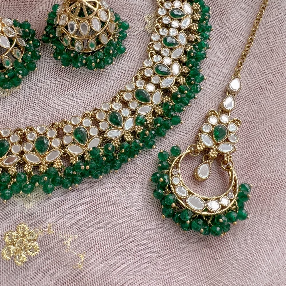 Vaali Mirrored Necklace set - Green - SOKORA JEWELSVaali Mirrored Necklace set - GreenNECKLACE SETS