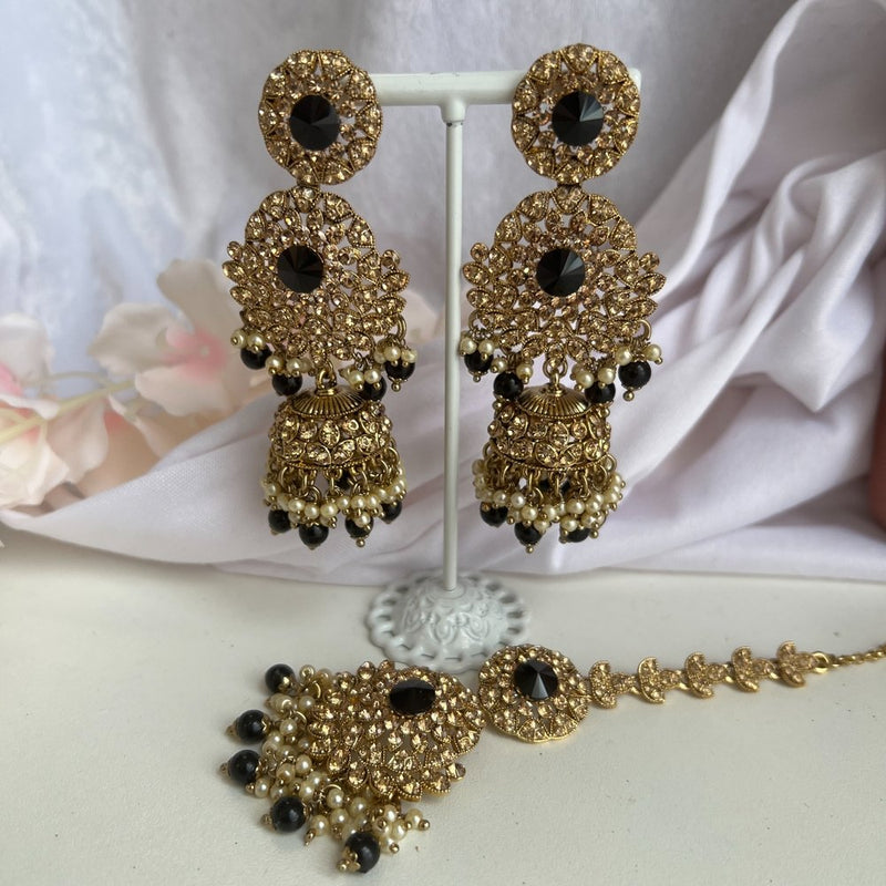 Yasmeen Earrings and Tikka - Black - SOKORA JEWELSYasmeen Earrings and Tikka - Black