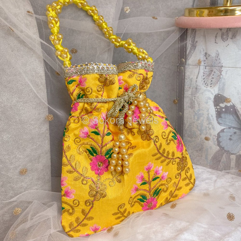 Yellow Floral Potli Bag - SOKORA JEWELSYellow Floral Potli Bag