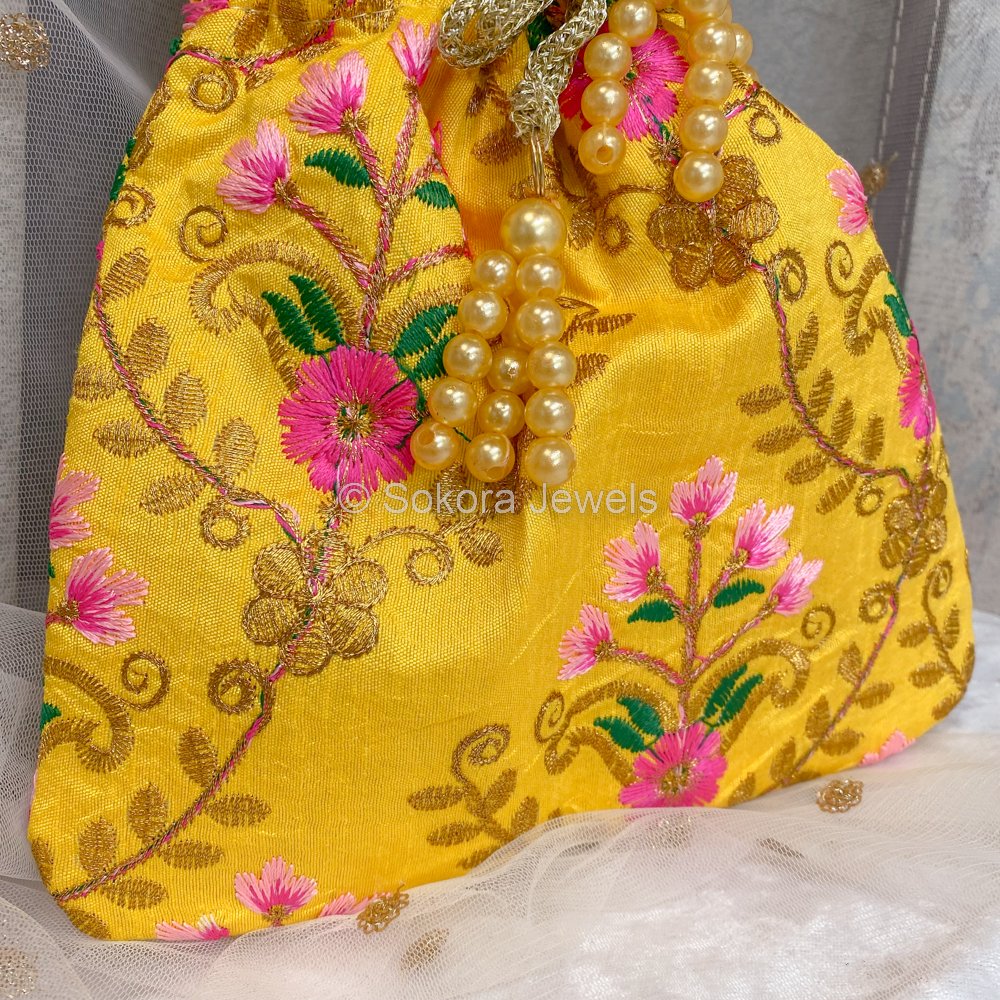 Yellow Floral Potli Bag - SOKORA JEWELSYellow Floral Potli Bag