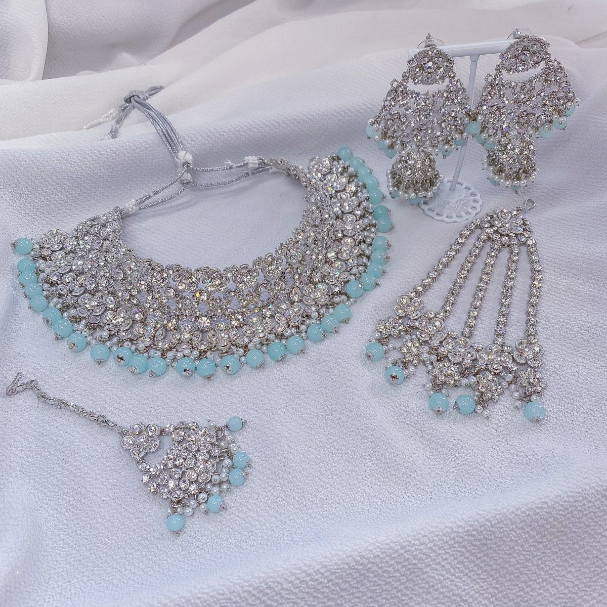 Turquoise Blue Beads & Genuine Stones Contemporary Jewelry Set of Necklace,  Bracelet & Earrings